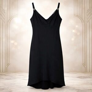 Evan Picone Vintage 80s Black V-Neck Mesh Strap Rhinestone Art Deco Dress Sz 16